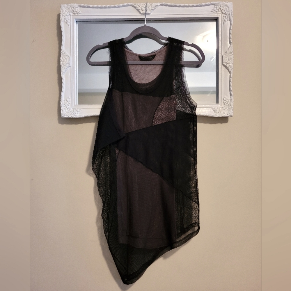 BcbgMaxAzria Asymmetric Top with Lace Mesh